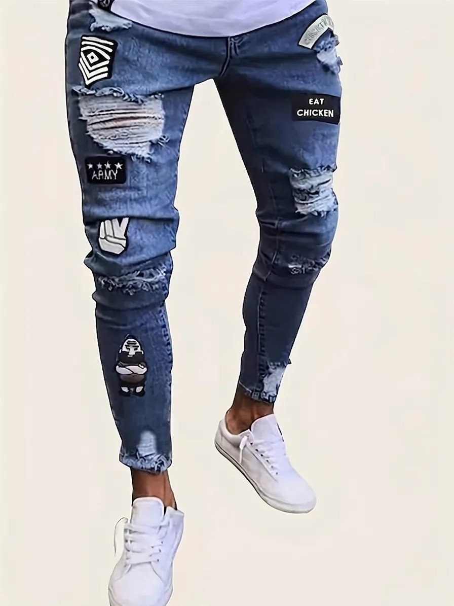 Men Slim Fit Ripped Jeans With Streetwear Embroidery Patches Distressed Navy Blue Cotton Blend Denim Pants Hip Hop Trousers