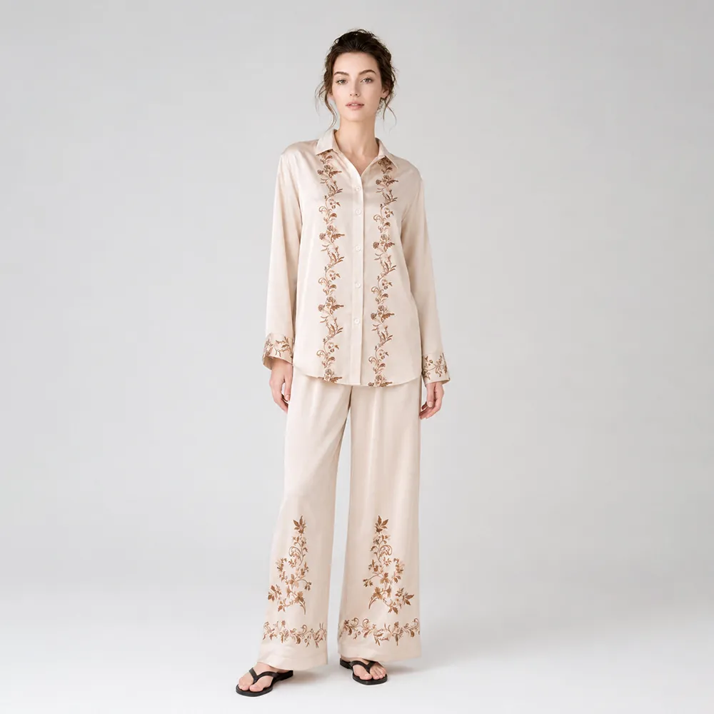 Women Elegant Satin Chiffon Pajama Set Floral Printed Long Sleeve Top And Bottom Casual Home Sleepwear Pajamas Champagne