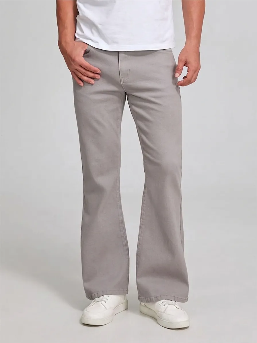 Jeans Évasés Vintage pour Hommes American Retro Mélange de Coton Slim Fit Bootcut Denim Pantalon Gris Taille Moyenne Mode