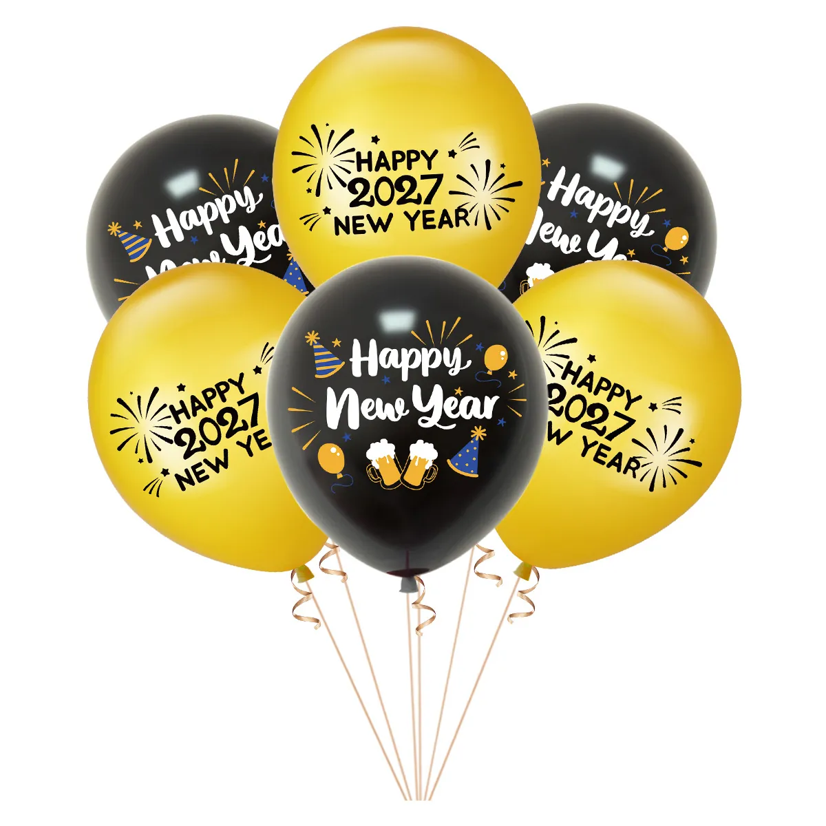 Happy New Year Balloons 2026 Latex Party Decorations Black Gold Printed Round Festive Ornament
