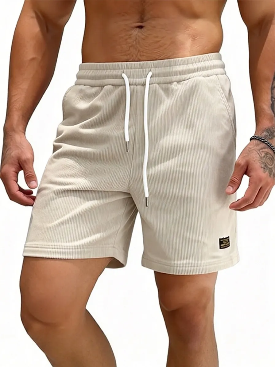 Men's Corduroy Casual Shorts Elastic Waist Drawstring Vertical Striped Fashion Sporty Summer Bottoms Comfortable Shorts