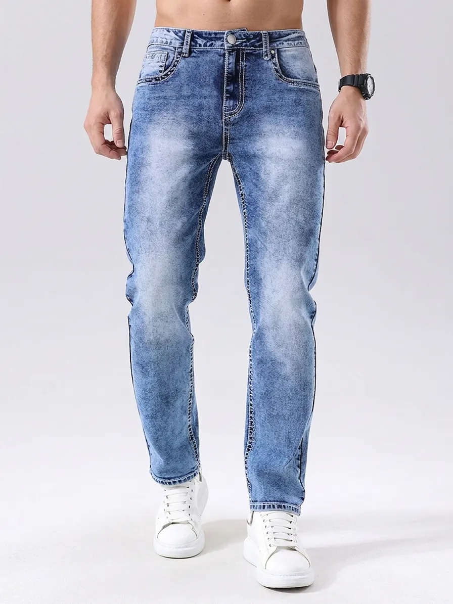 Pantalon en Jean Denim pour Hommes Coupe Ajustée Droite Vintage Bleu Clair Lavage à l'Acide Broderie Poche Arrière Mode