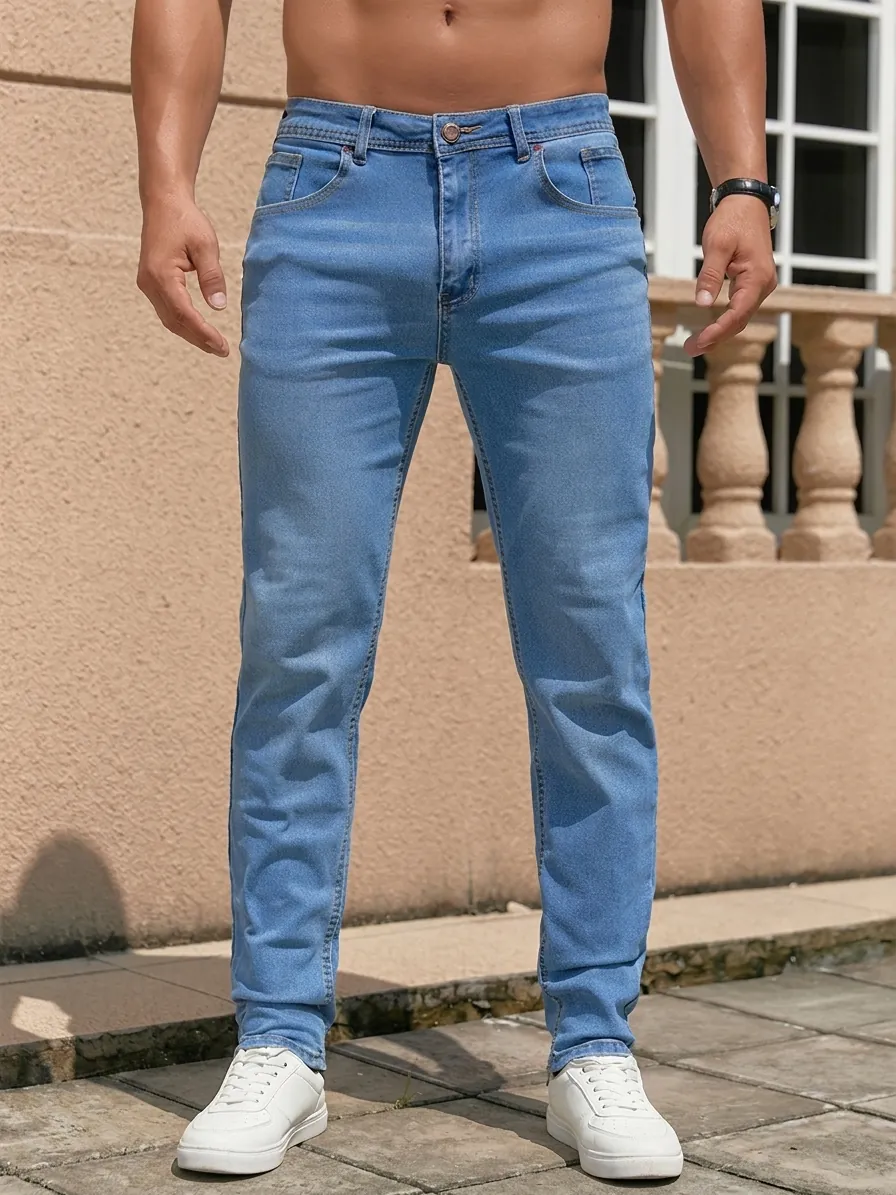 Herren Urban Mode Slim Fit Jeans Casual Baumwollmischung Denim Hose Wasser Gewaschen Einfarbig Gerade Hose Für Den Alltag