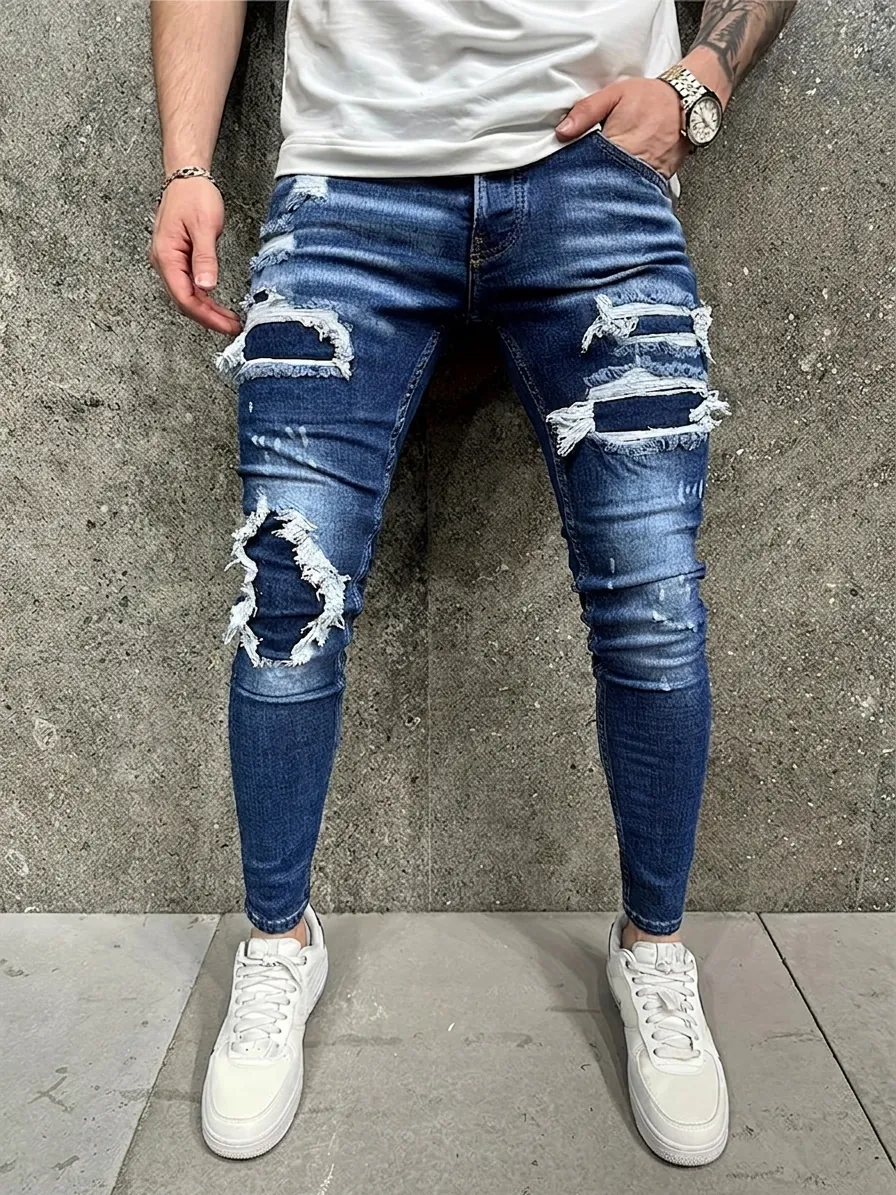 Herren Western Mode Zerrissene Skinny Jeans Hohe Taille Distressed Denim Hose Elastische Skinny Fit Jeans Für Täglich Streetwear