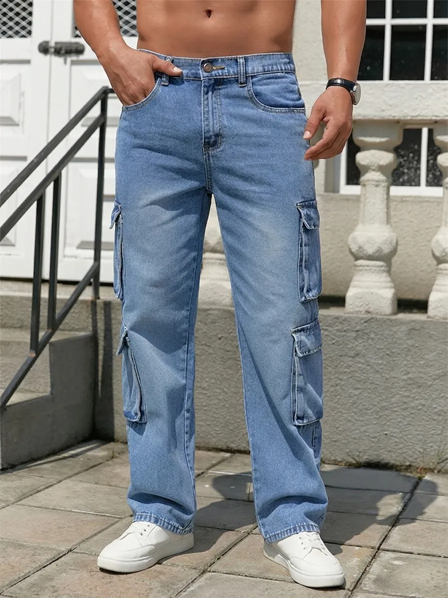 Men's Loose Wide Leg Cargo Jeans Washed Blue Multi-Pocket Denim Pants Retro Streetwear Fashion Casual Workwear Trousers
