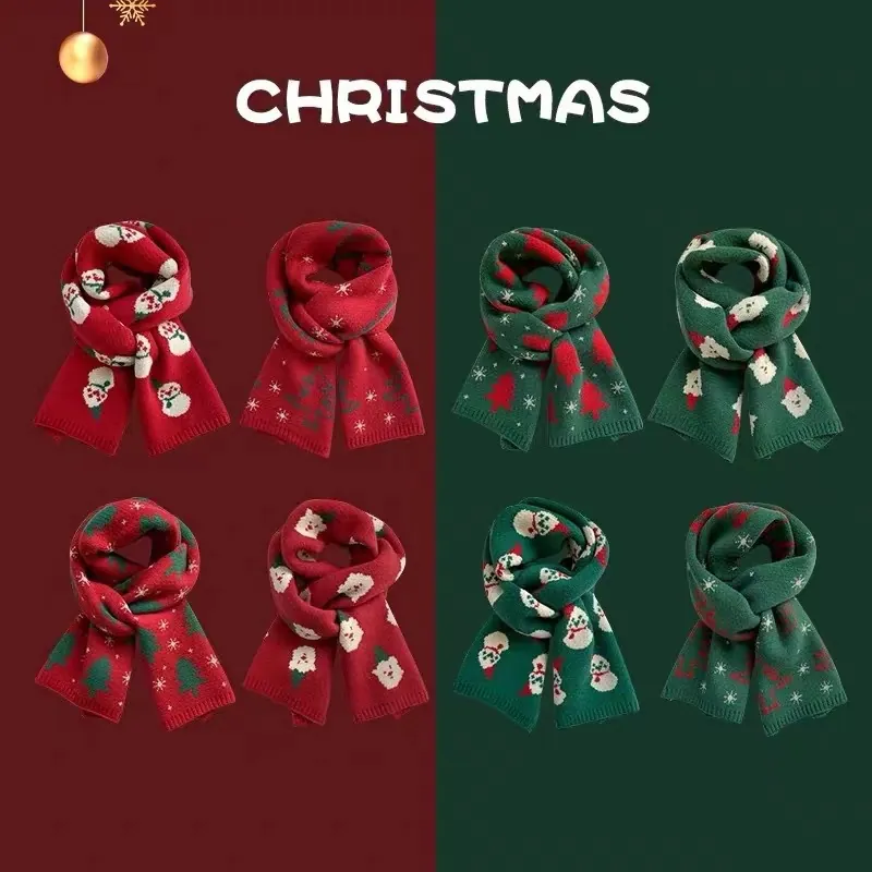 Écharpe de Noël Femme Acrylique Doux Tricoté Jacquard Motifs Bonhomme de Neige Père Noël Sapin de Noël Écharpe de Fête