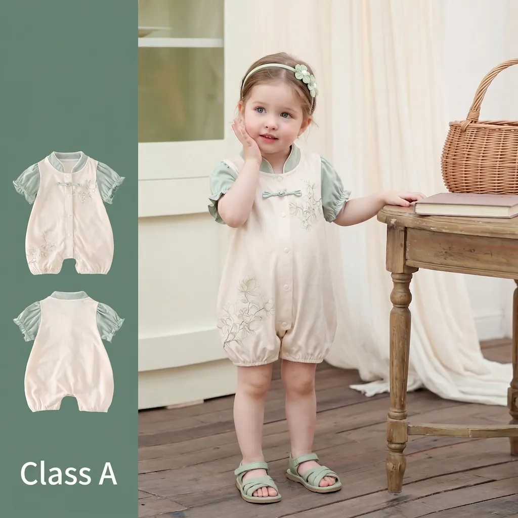 Barboteuse d'Été en Coton pour Bébé Fille Style Chinois Vintage Imprimé Fleuri Boutons Chinois Combinaison Nouveau-né