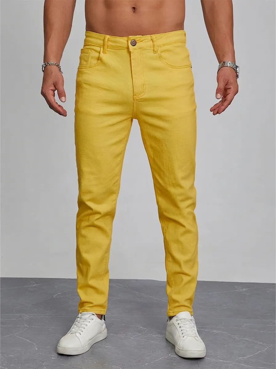 Herren Gelbe Slim Fit Jeans Hochelastische Baumwolle Elasthan Denim Hose Lässig Mode Skinny Hose Für Männer Alltag