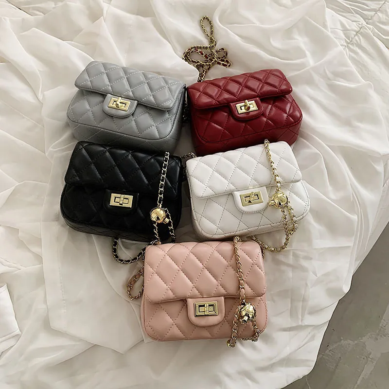 Women Quilted Shoulder Bag Gold Ball Adjustable Chain Strap PU Leather Rhombic Pattern Crossbody Fashion Daily Square Bag