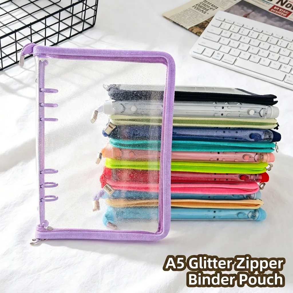 Glitter Transparent PVC 6 Hole Loose Leaf Binder Notebook Shell Macaron Color Zipper Organizer Bag For Photocard Collection