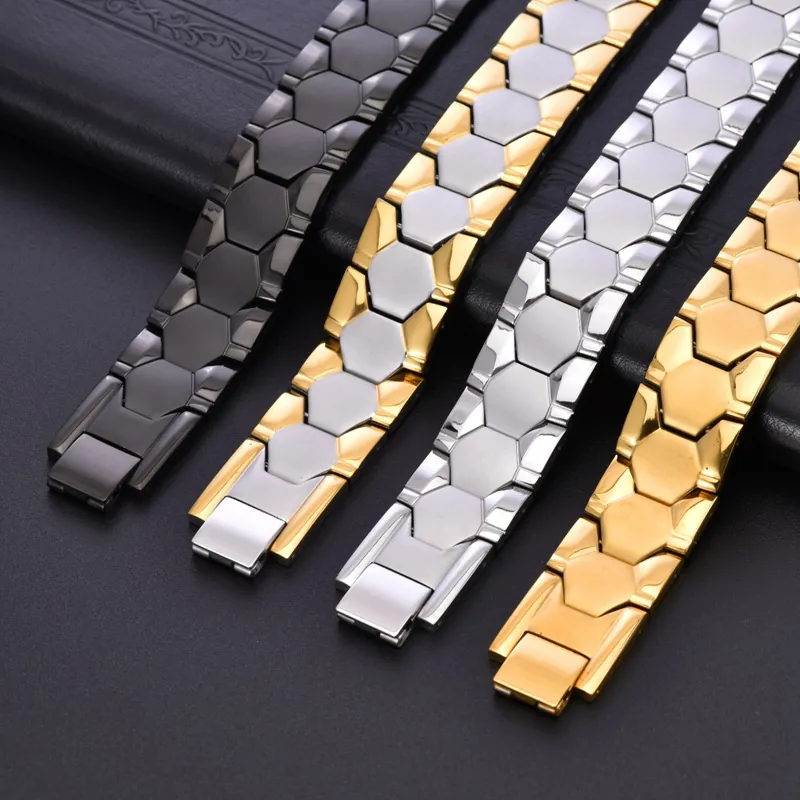 Men's Magnetic Stainless Steel Bracelet Hexagon Football Pattern Energy Therapy Sporty Link Chain Jewelry Gift For Men Women