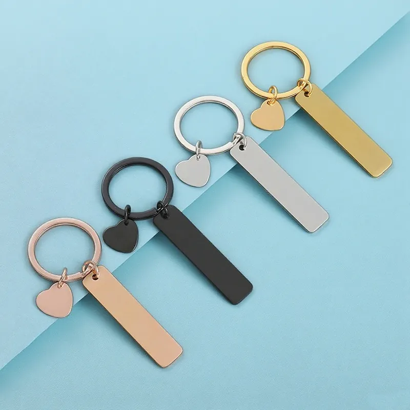Stainless Steel Keychain With Blank Rectangular Bar And Heart Charm Polished DIY Metal Key Ring For Men Women Fashion Jewelry Gift