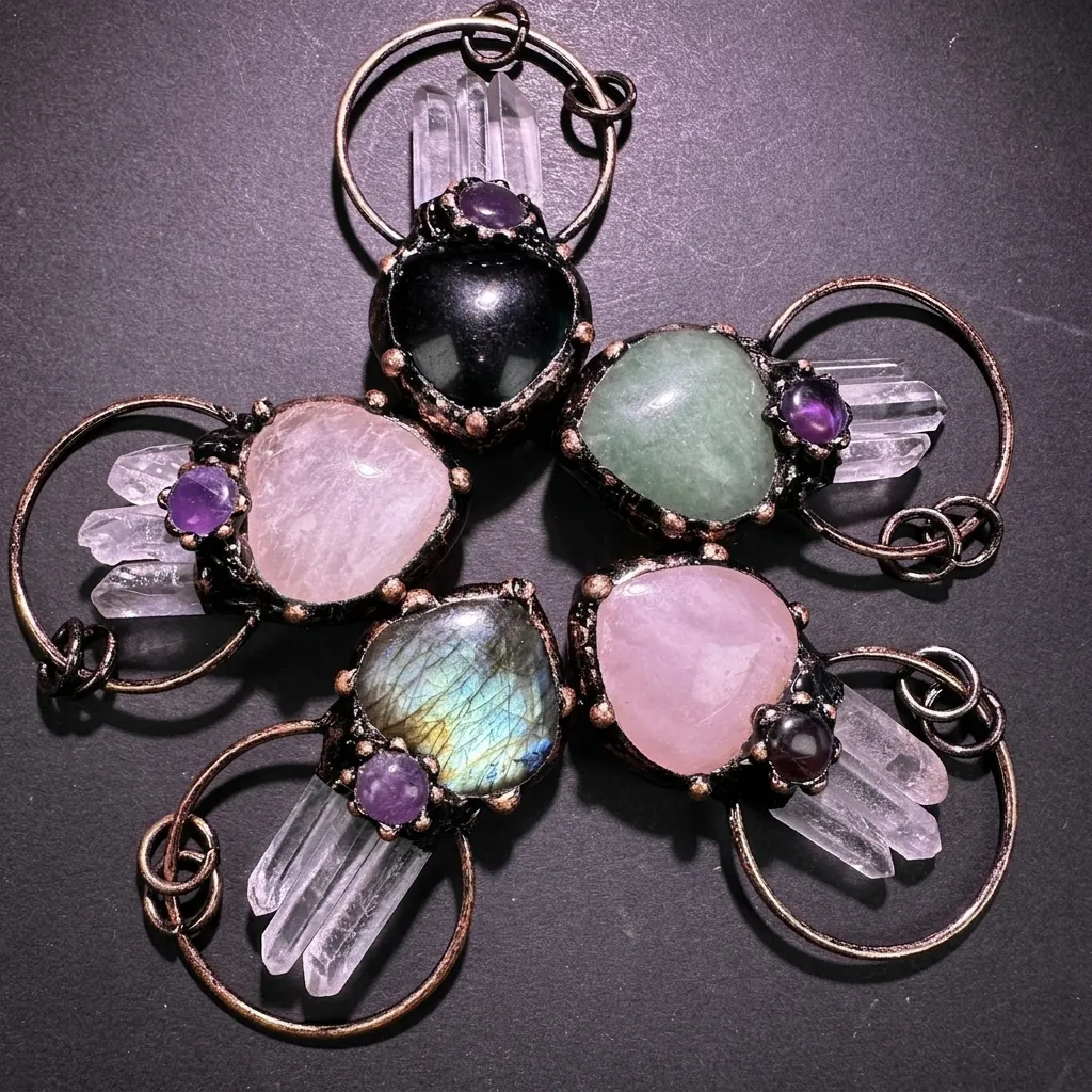 Vintage Heart Labradorite Amethyst Clear Quartz Point Crystal Pendant Antique Copper Wire Wrapped Healing Stone Jewelry For Women