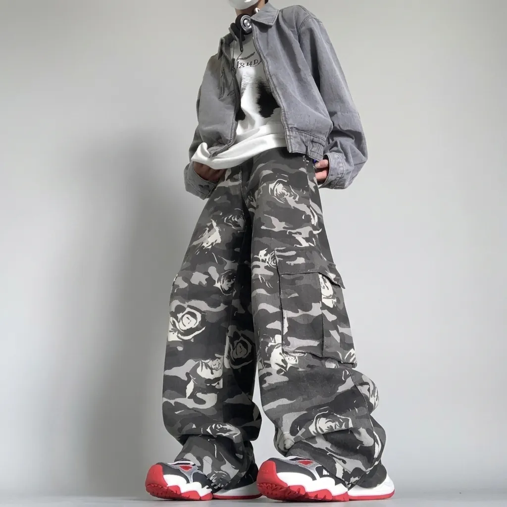 High Street Vintage Rose Print Camo Cargo Pants For Men Women Loose Straight Wide Leg Drapey Casual Streetwear Trousers
