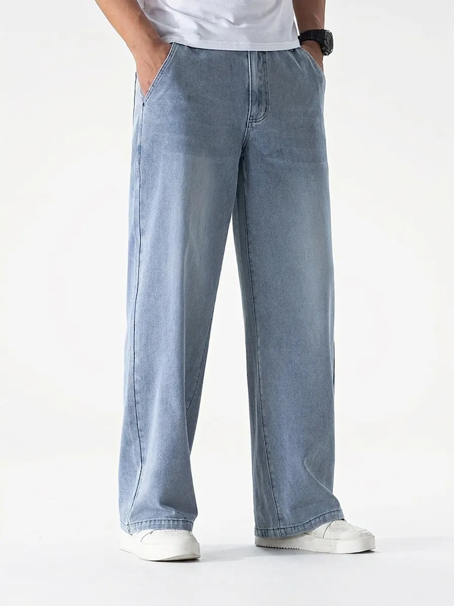 Jeans da Uomo a Gamba Dritta Larghi Blu Chiaro Lavati in Misto Cotone Pantaloni Denim Casual Urban Streetwear Pantaloni a Gamba Larga da Uomo