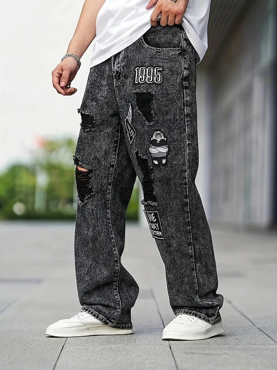 Men Retro Washed Black Denim Jeans Distressed Ripped Streetwear Loose Straight Pants With Embroidered Patches For Casual Wear