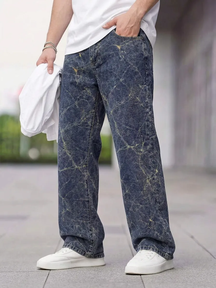 Men Loose Straight Leg Jeans Vintage Acid Wash Marble Pattern Denim Pants Casual Tie Dye Streetwear Trousers For Men