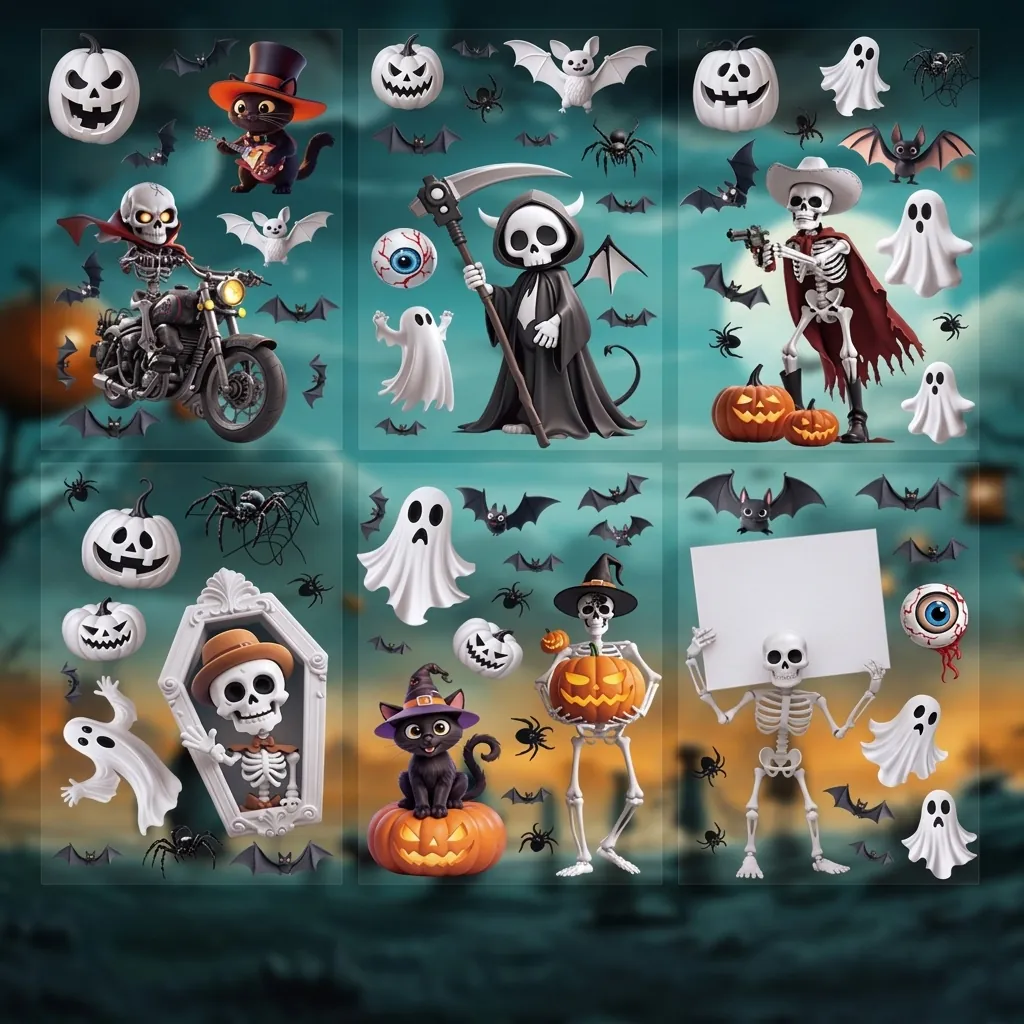 Halloween Window Clings PVC Static Stickers Skeleton Ghost Pumpkin Decals Double Sided Cartoon Holiday Party Decor