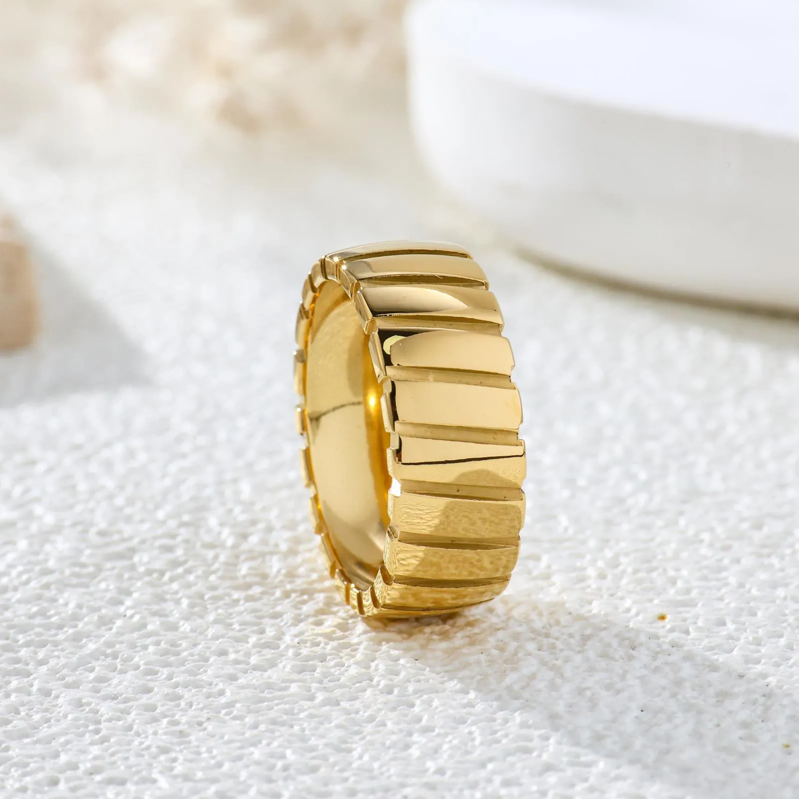 Wide Band Ring Stainless Steel Gold Plated Diagonal Textured Ribbed Vintage Minimalist Non Fading Polished Jewelry For Women Men