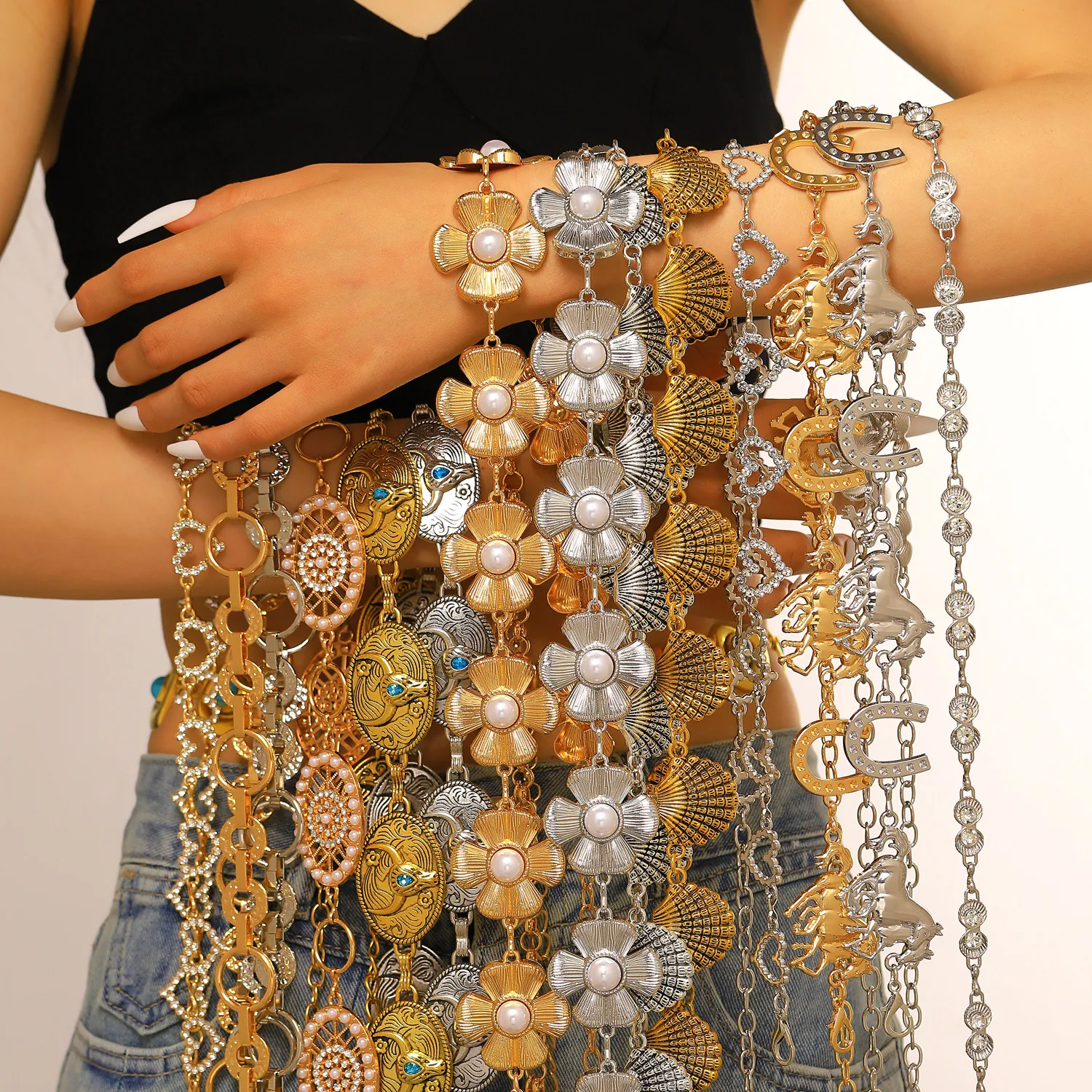 Chaîne de Taille en Alliage Vintage Bohémien pour Femme Rétro Y2K Cœur Coquillage Fleur Perle Artificielle Strass Bijoux