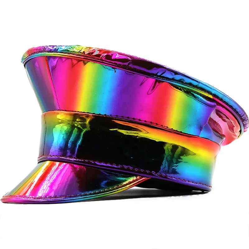 Holographic Faux Leather Military Cap Shiny Captain Hat Stage Performance Party Rave Festival Fashion Unisex Headwear