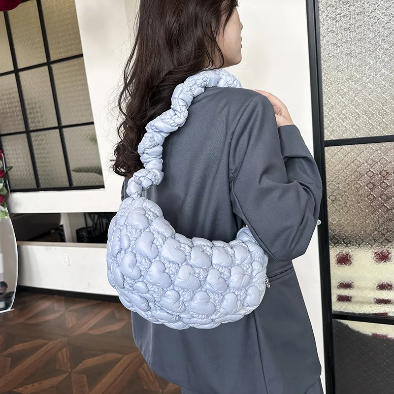 Women Heart Quilted Cloud Underarm Bag Fashion Pleated Strap Hobo Shoulder Bag Metallic Nylon Dumpling Handbag Casual Crossbody Bag