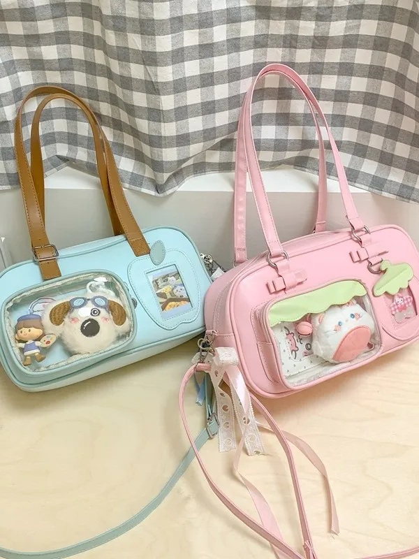 Sac Ita Doux Japonais Femmes Sac à Épaule en Cuir PU Avec Fenêtres Transparentes Kawaii Nœud Ruban Sac à Main Bandoulière pour Filles Quotidien