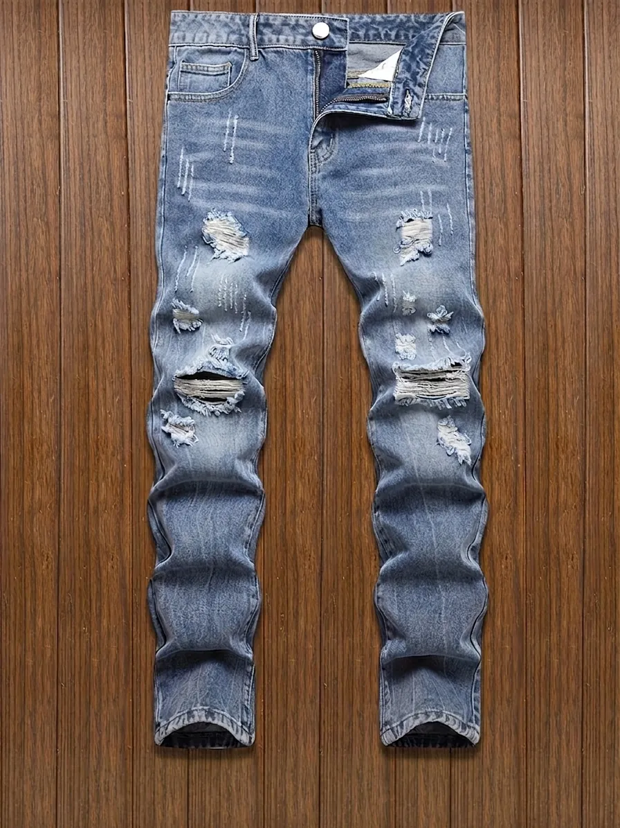 Jeans Déchirés pour Hommes Effet Usé Bleu Ciel Coupe Droite en Mélange de Coton Streetwear Multi Poches Lavé Mode Pantalon