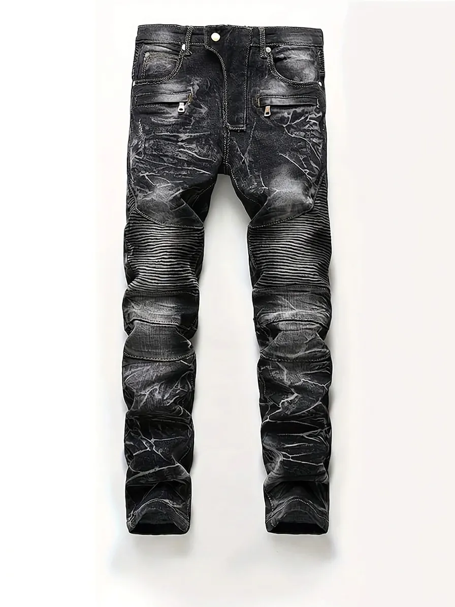 Jeans en Denim Motard pour Hommes Slim Fit Distressed Mélange de Coton Style Moto Streetwear Vintage Pantalon Long Décontracté