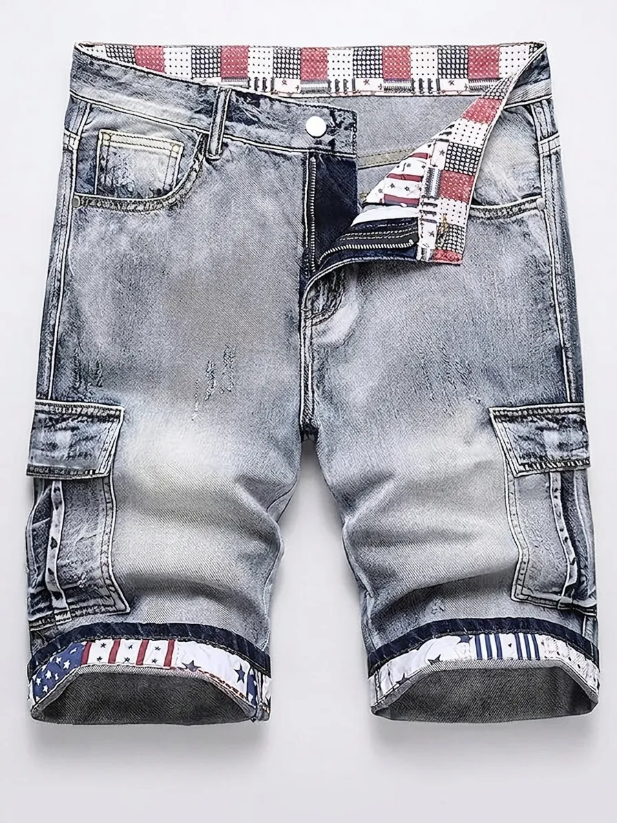 Men's Retro Washed Denim Cargo Shorts With Star Stripe Print Cuffs Ripped Distressed Cotton Blend Straight Leg Shorts For Summer