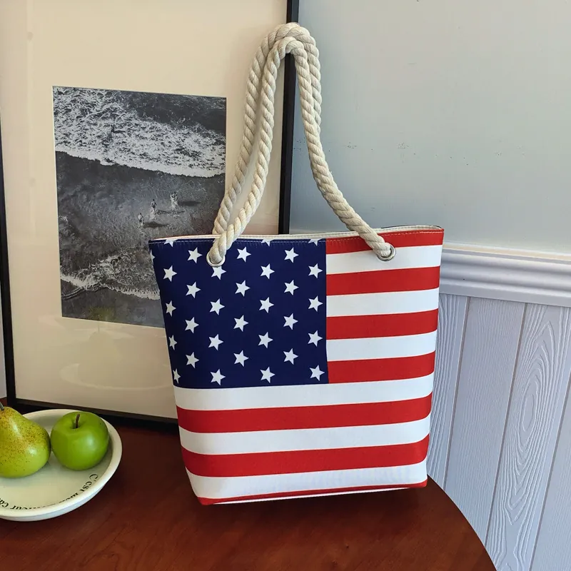 American Flag Canvas Tote Bag With Cotton Rope Handles Large Capacity Stars And Stripes Pattern Shoulder Handbag For Women Travel Beach Shopping Independence Day Gift