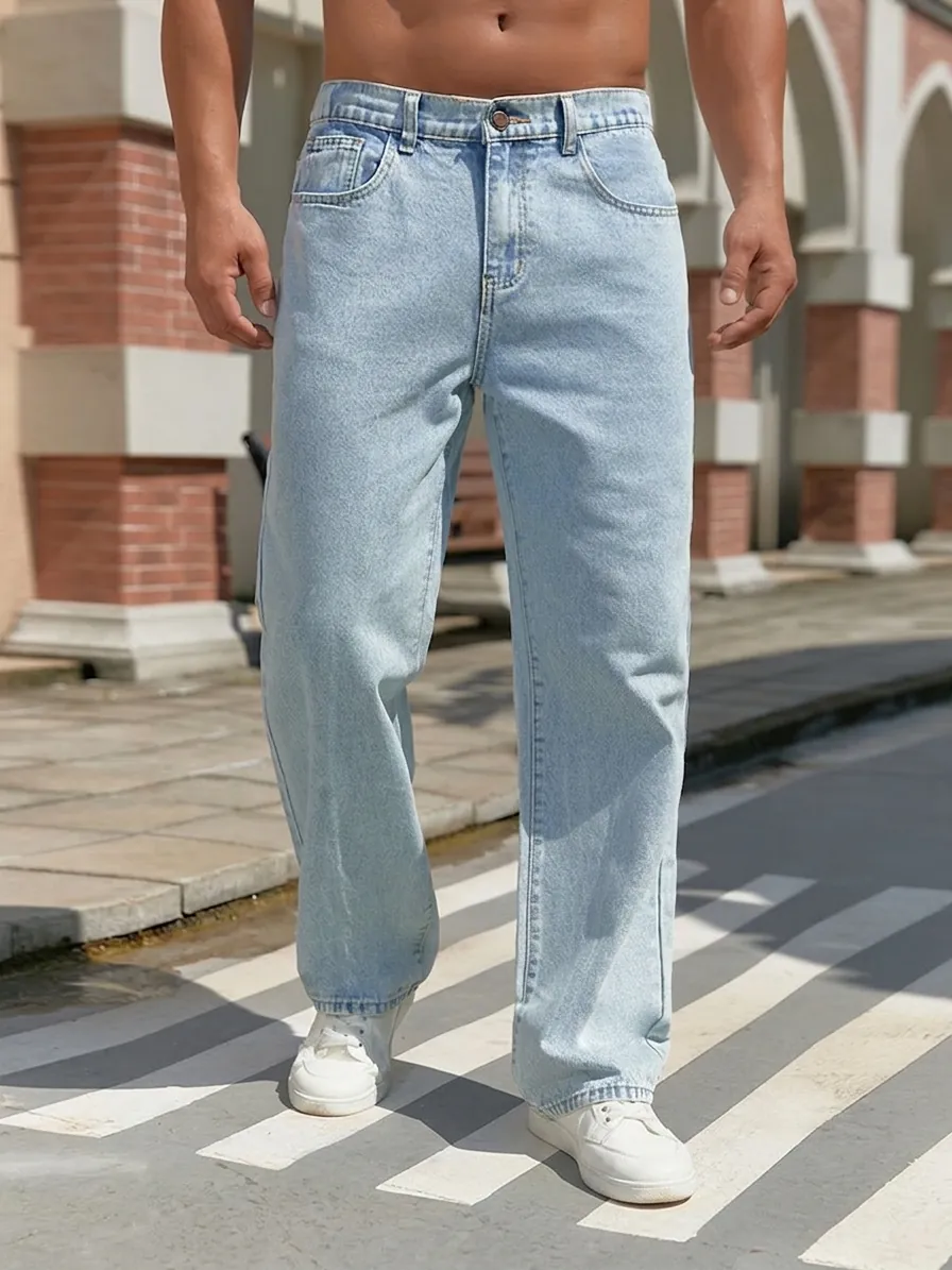 Men's High Waist Straight Leg Denim Jeans Light Blue Washed Loose Fit Casual Cotton Blend Long Pants Streetwear Men