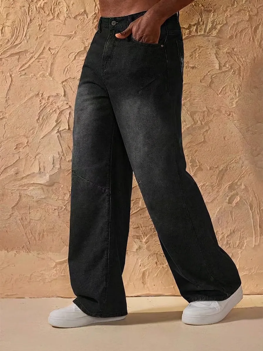 Men High Street Vintage Washed Jeans Cotton Blend Loose Straight Wide Leg Paneled Denim Pants With Red Cross Embroidery Pocket