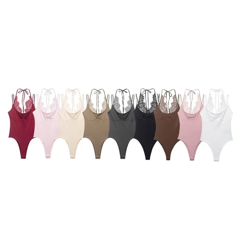Damen Sexy Halterneck Spitze Patchwork Bodysuit Ärmellos V-Ausschnitt Rückenfrei Schlanke Passform Jumpsuit Für Strand Alltag