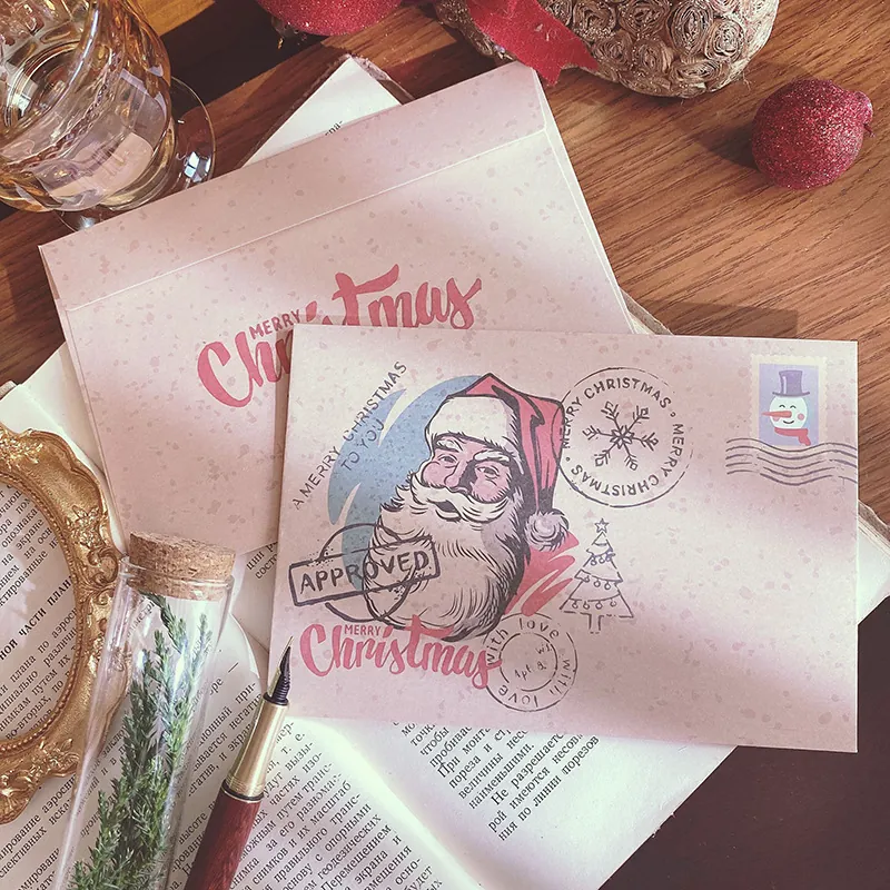 Retro Paper Christmas Greeting Cards And Envelopes Santa Claus Postmark Design For Festive Holiday Vintage Style Greeting