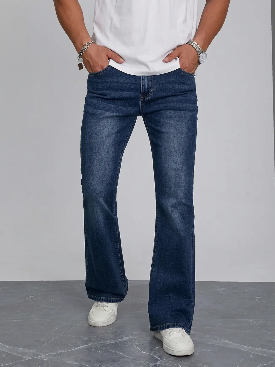 Jeans Évasés pour Hommes Mélange de Coton Denim Haute Élasticité Délavé Casual Business Rétro Coupe Slim Pantalon