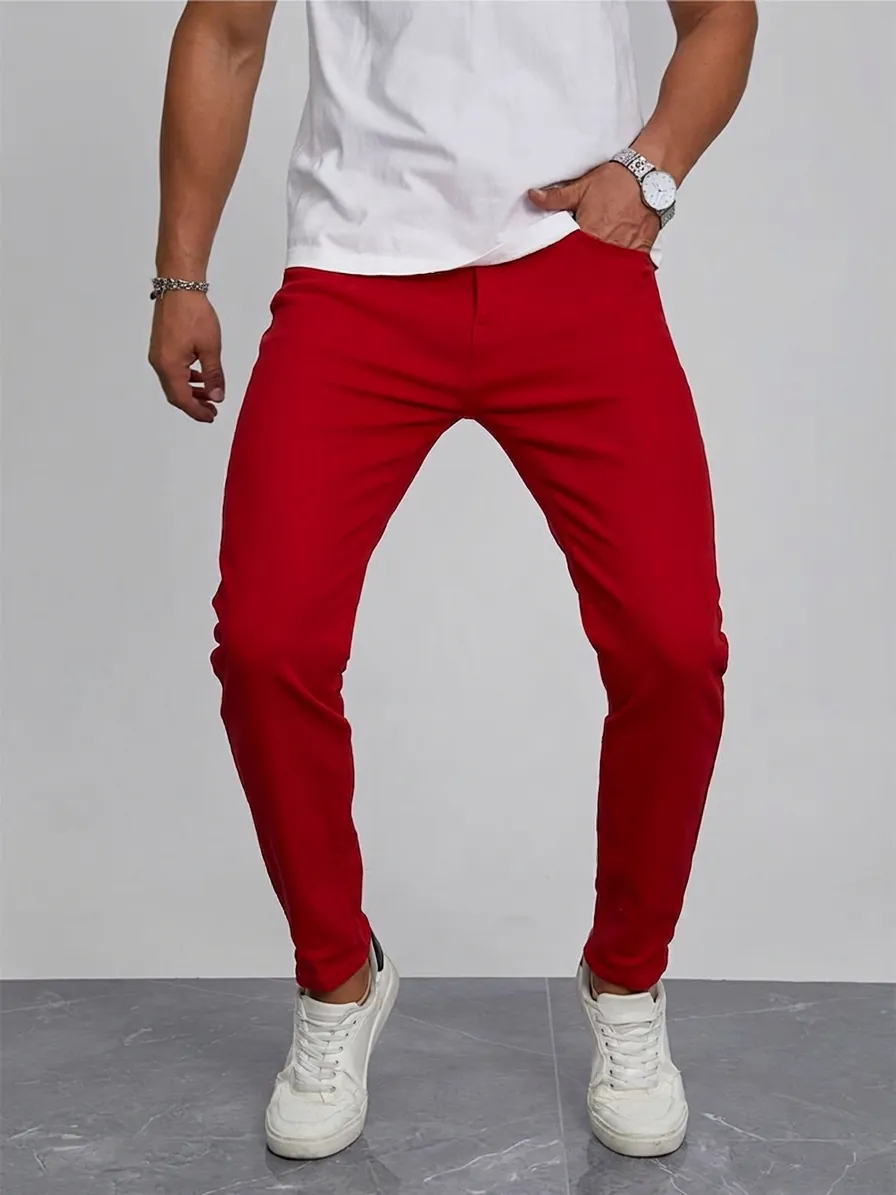 Men's Red Slim Fit Cotton Stretch Chino Pants Casual Fashionable Solid Long Trousers For Daily Business Office Wear