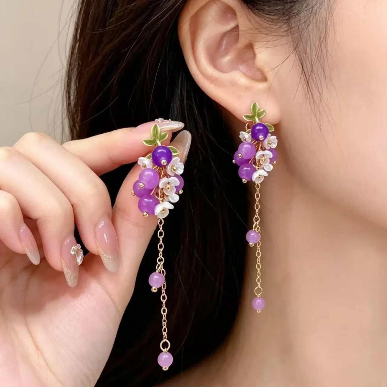 Boucles d'Oreilles Pendantes Doux Raisin Fruit Muguet Pour Femmes Alliage Émail Floral Long Pompon Bijoux Élégants