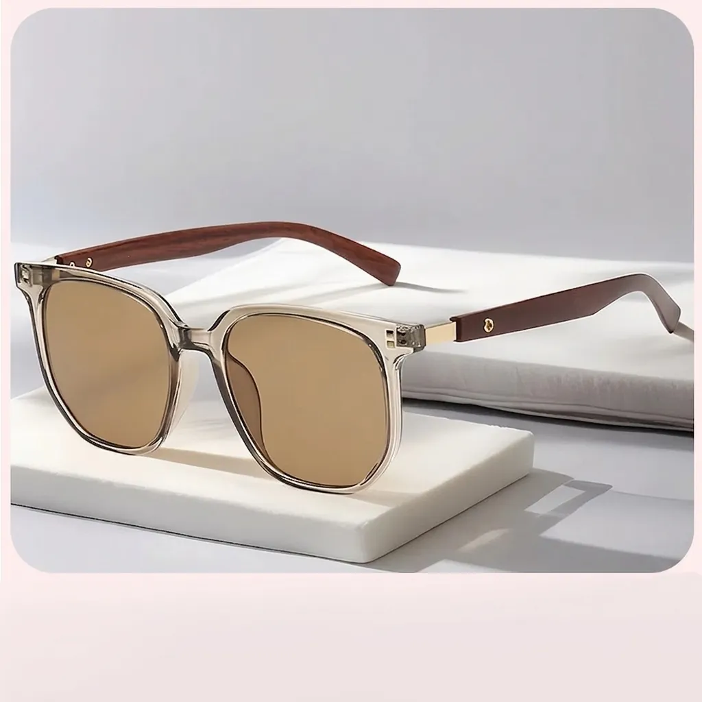 Retro Square Sunglasses With Wood Grain Temples UV400 Protection Vintage Polygonal Frame Eyewear For Men Women Fashion