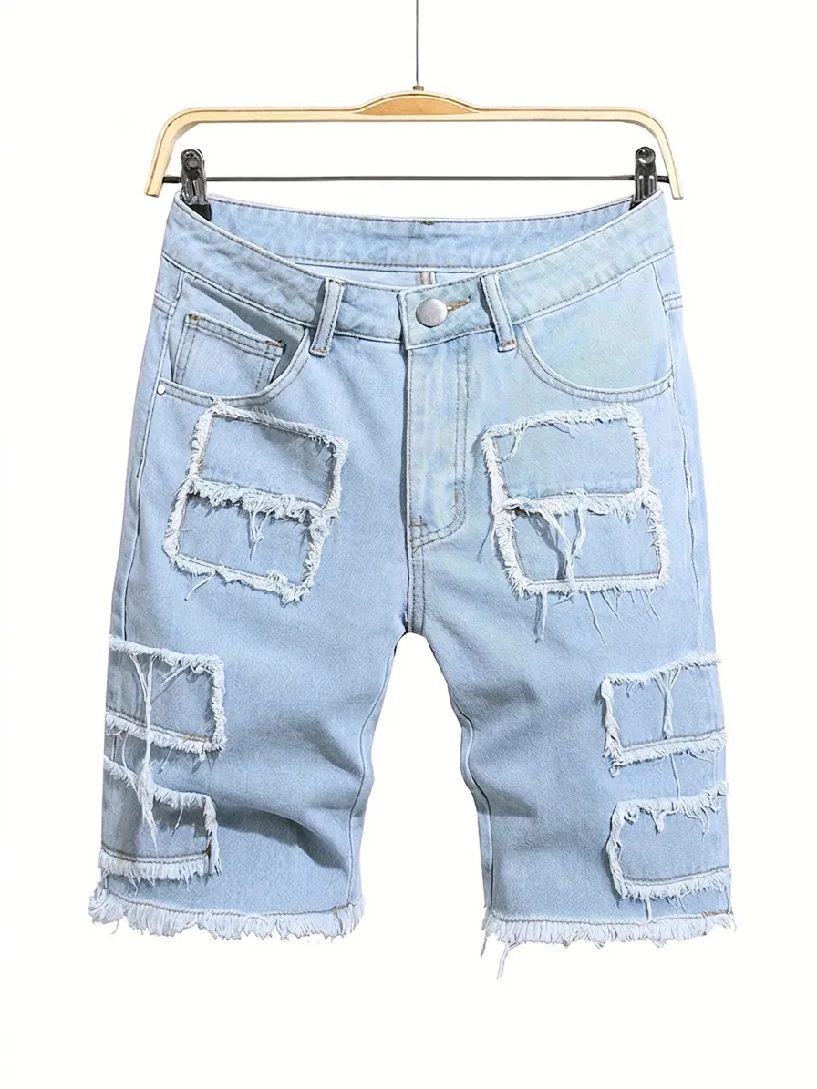 Men's Light Blue Distressed Ripped Denim Shorts With Frayed Hem Streetwear Casual Summer Washed Cotton Blend Jean Shorts For Men