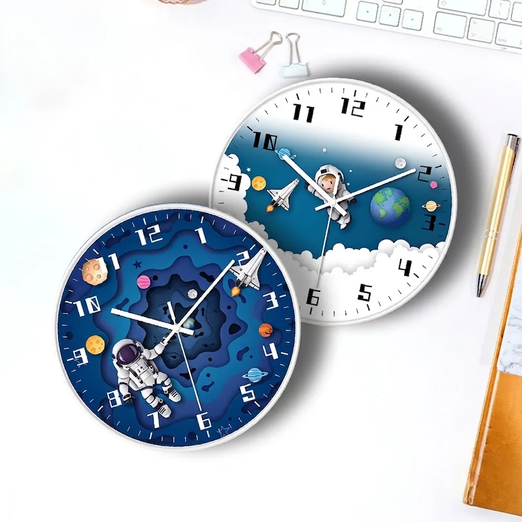 Astronaut Space Exploration Theme Silent Wall Clock Modern Paper Cut Style Round Hanging Clock For Kids Room Bedroom Home Decor