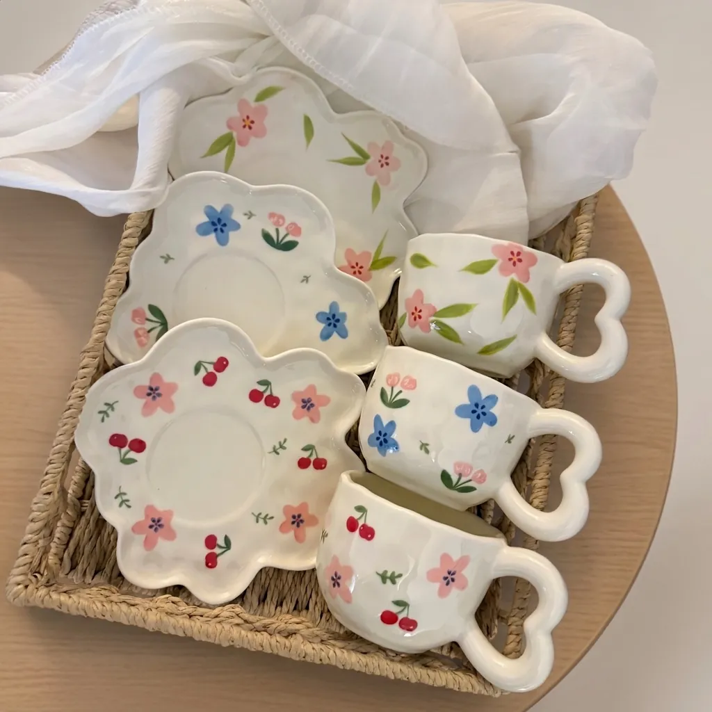 Κορεατικό INS Vintage Floral Κεραμικό Φλιτζάνι Καφέ Και Πιατάκι Ακανόνιστο Ζωγραφισμένο Στο Χέρι Με Λαβή Καρδιά