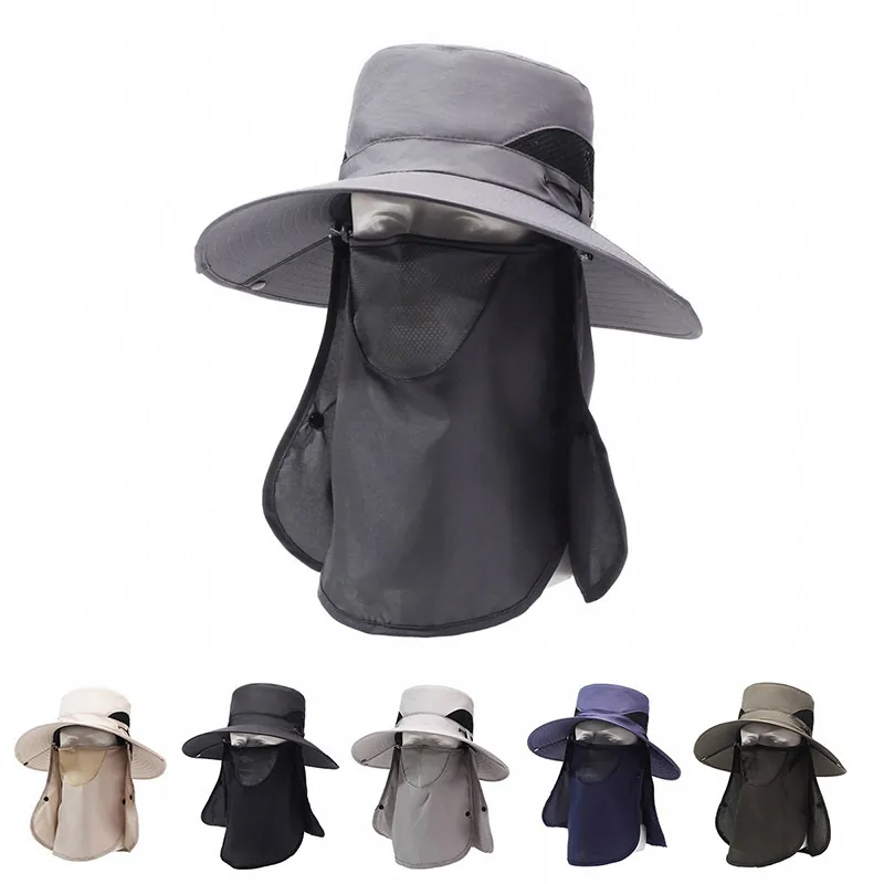 Outdoor Sonnenschutz Anglerhut Mit Abnehmbare Gesichtsmaske Nackenschutz UPF 50 Breite Krempe Polyester Atmungsaktiv Angeln Wandern Hut Für Herren Damen