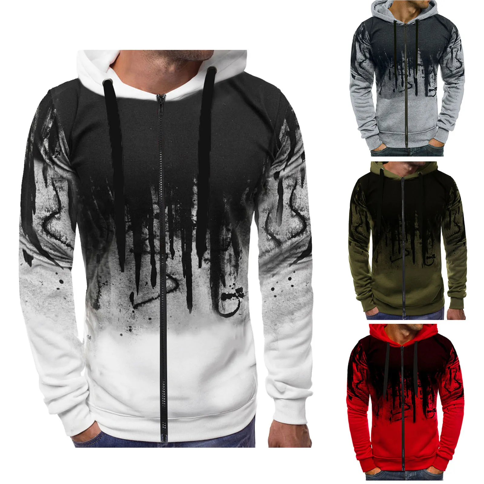 Sweat à Capuche en Polyester Décontracté pour Hommes avec Zip Imprimé Éclaboussures d'encre Manches Longues Automne Hiver Veste de Sport