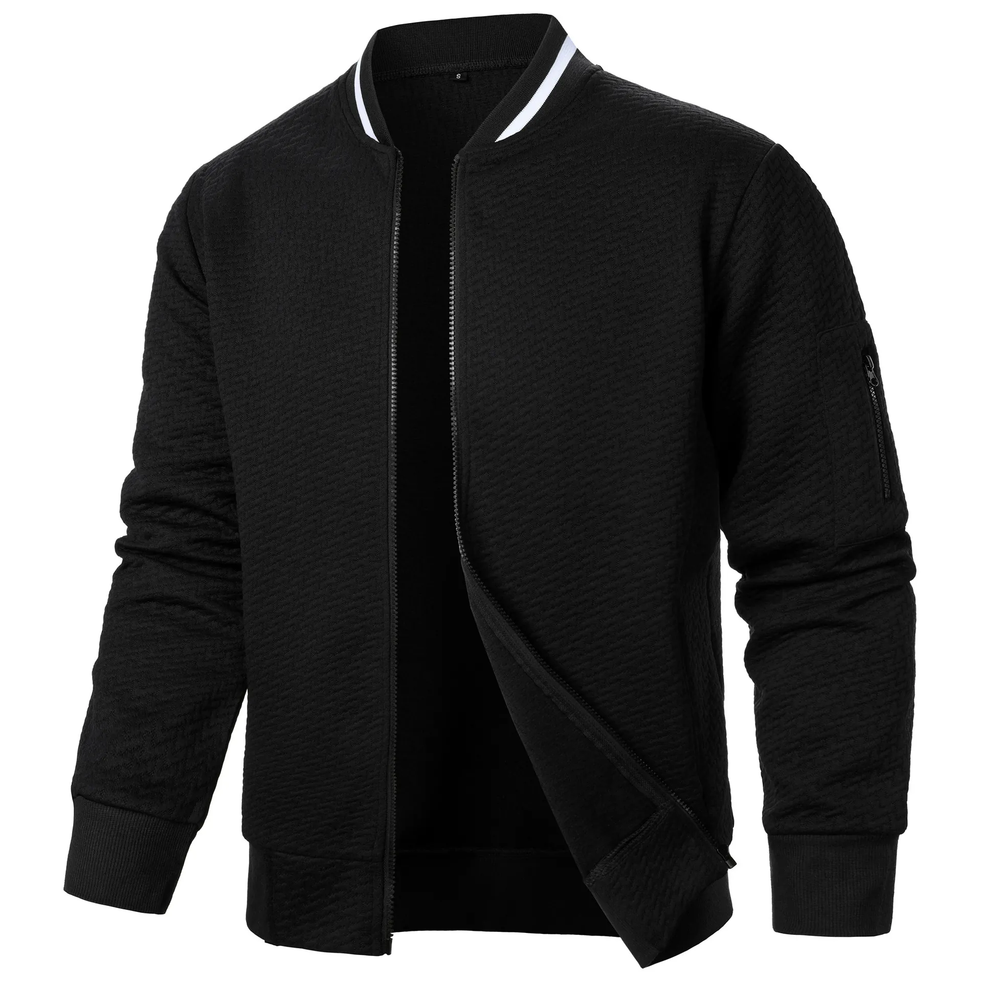 Men's Casual Bomber Jacket Diamond Texture Full Zipper Stand Collar With White Stripes Sleeve Pocket Fashion Outerwear Jacket