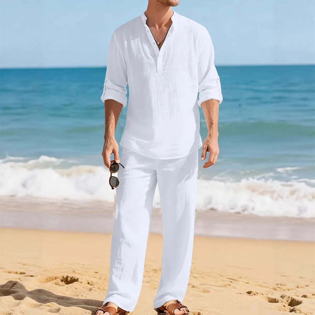 Men Casual Cotton Linen Long Sleeve Henley Shirt And Straight Leg Drawstring Pants Summer Beach Vacation Outfit