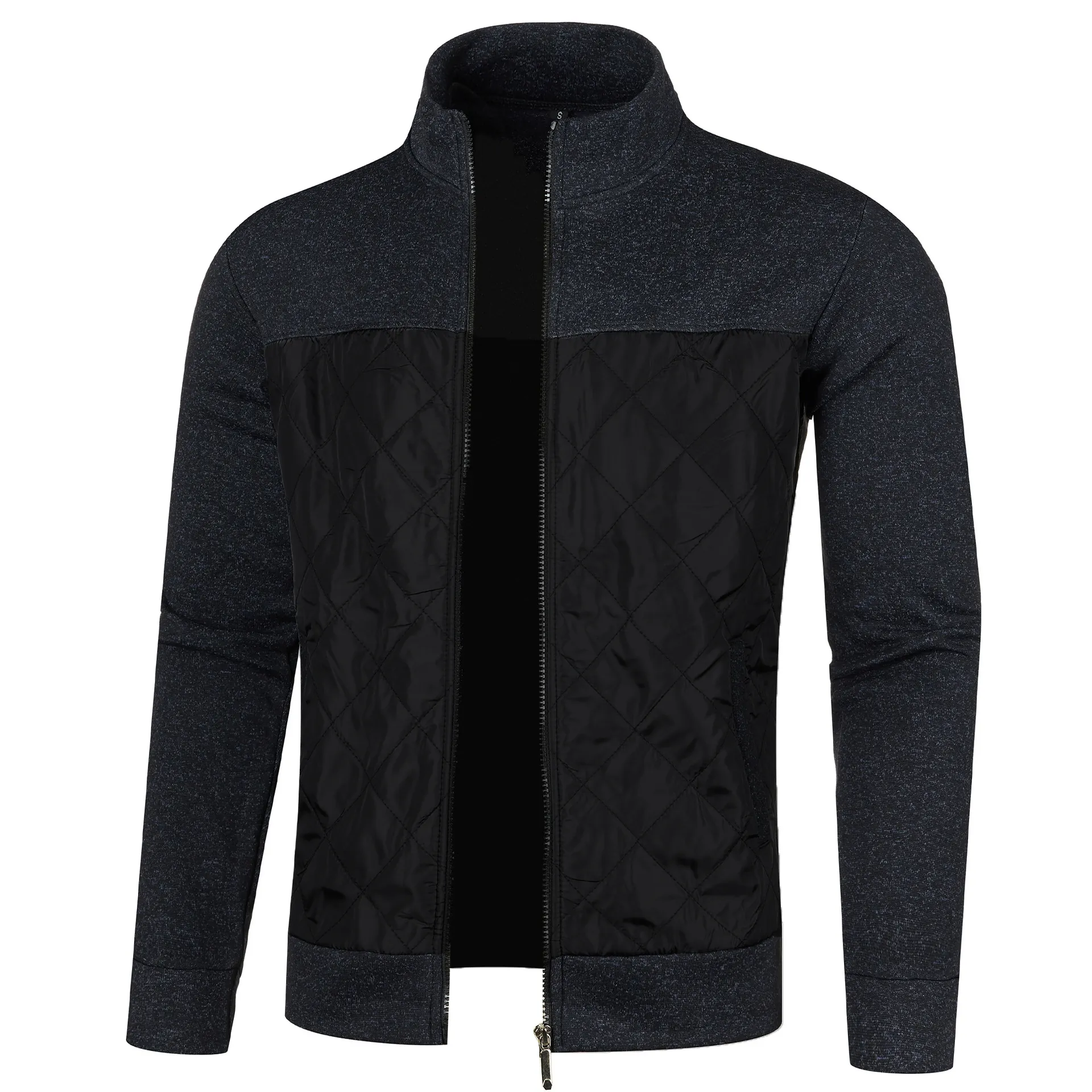 Men's Casual Zip Up Patchwork Jacket Stand Collar Diamond Quilted Knit Cardigan Fall Winter Warm Outerwear Top For Men
