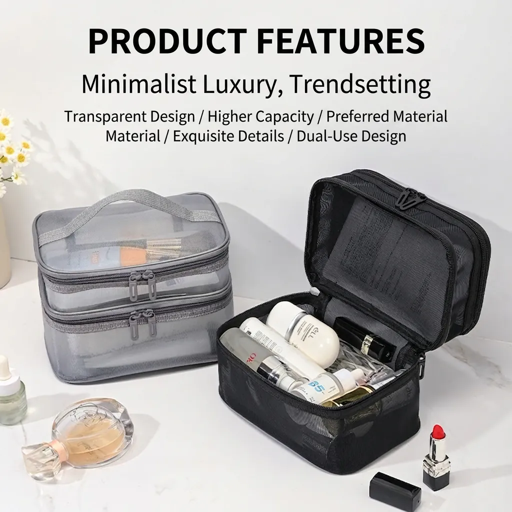 Double Layer Mesh Makeup Bag Large Capacity Portable Nylon Transparent Cosmetic Storage Case For Travel Toiletries