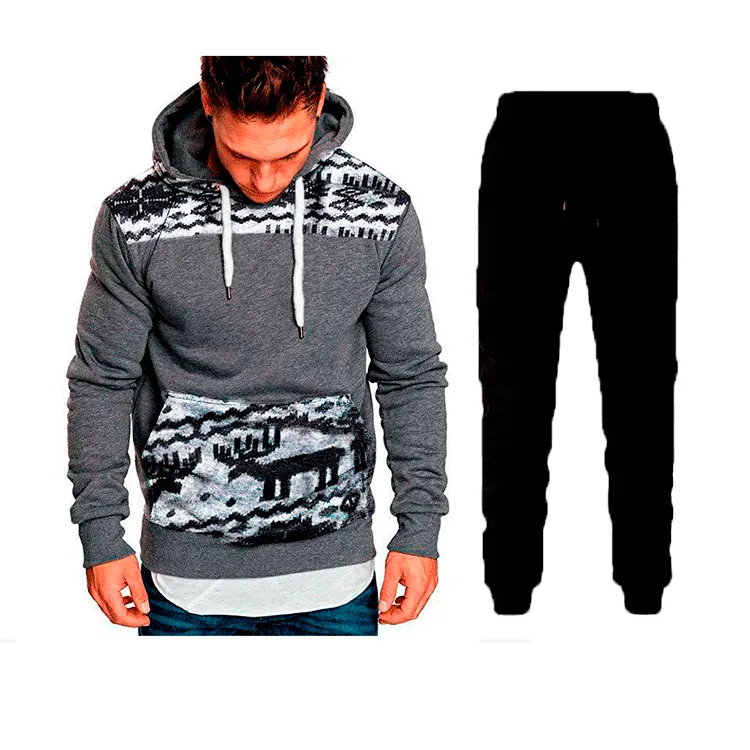 Men's Christmas Hoodie And Pants Combination Reindeer Snowflake Pattern Hooded Sweatshirt Jogger Suit Winter Casual Tracksuit