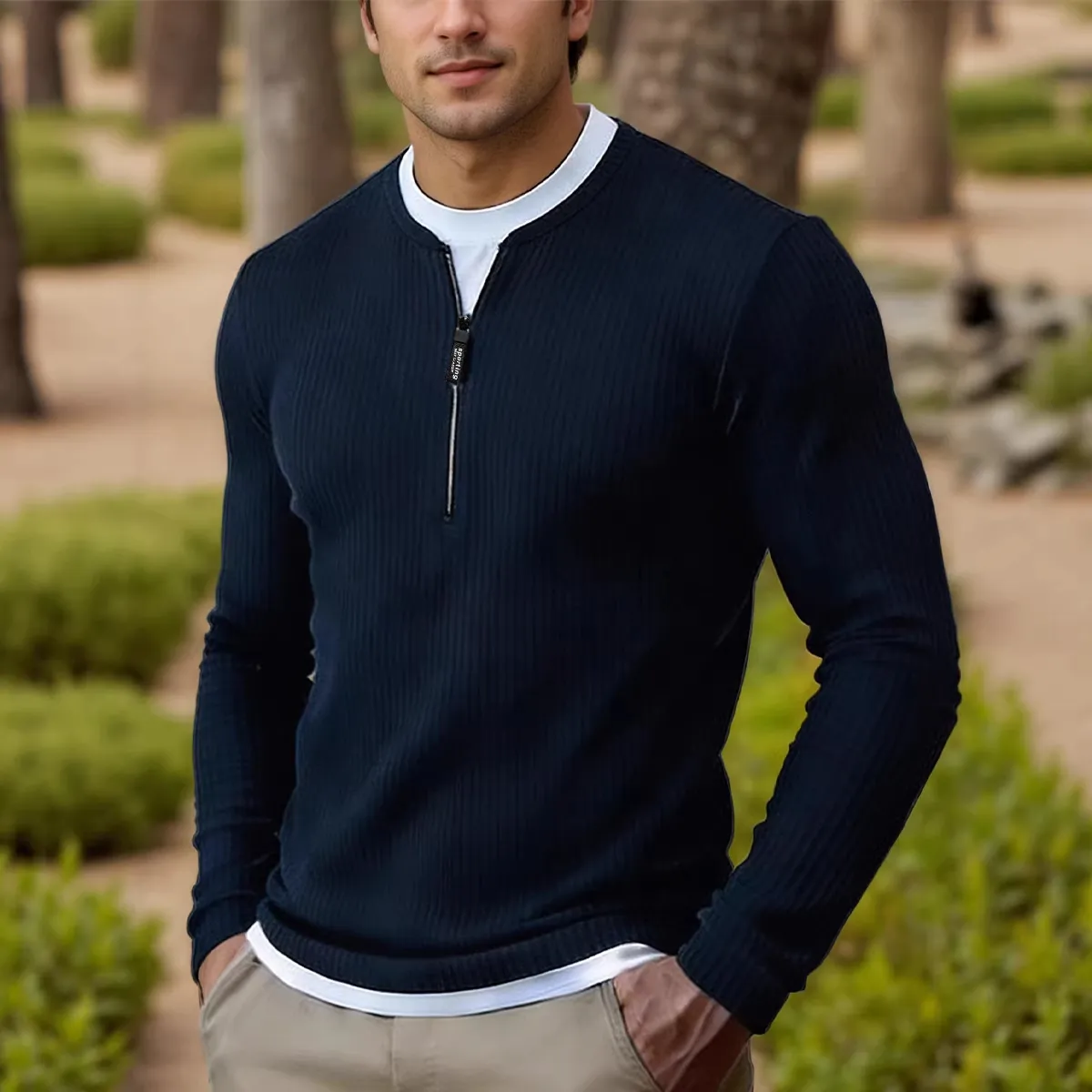 Men Mock Two-Piece Ribbed Knit Sweater Modern Minimalist Long Sleeve Top With Half Zipper Collar Polyester Pullover For Autumn